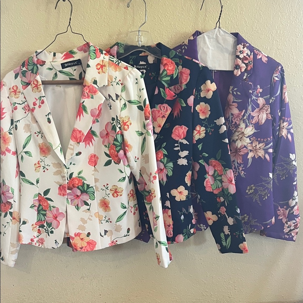 Set of THREE: XS Allegra K Women's Floral Blazer Set - White, Navy, and Purple